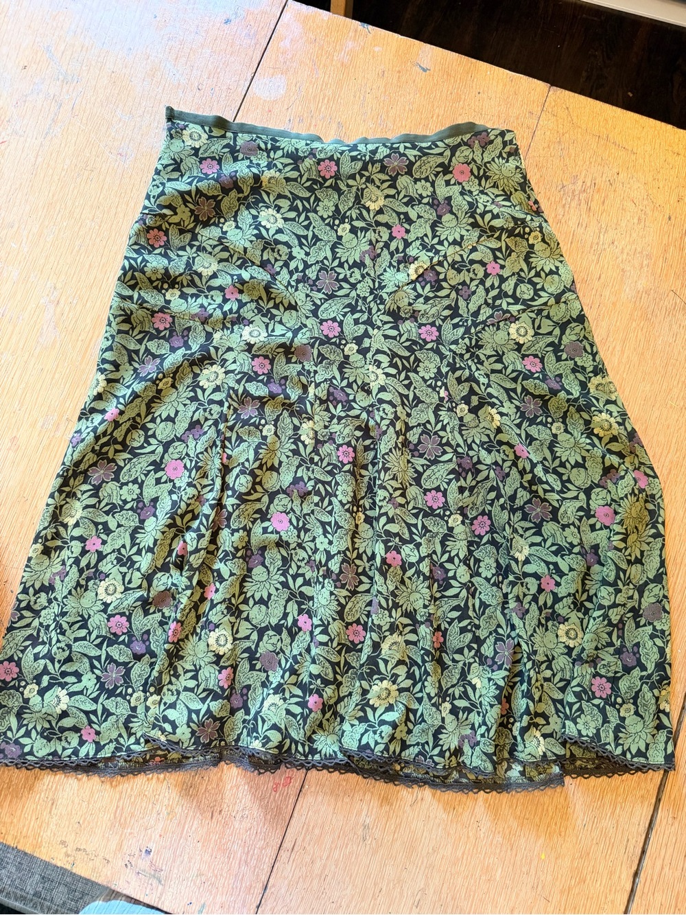Sigrid Olsen Green Floral A-Line Skirt with Pink Accents